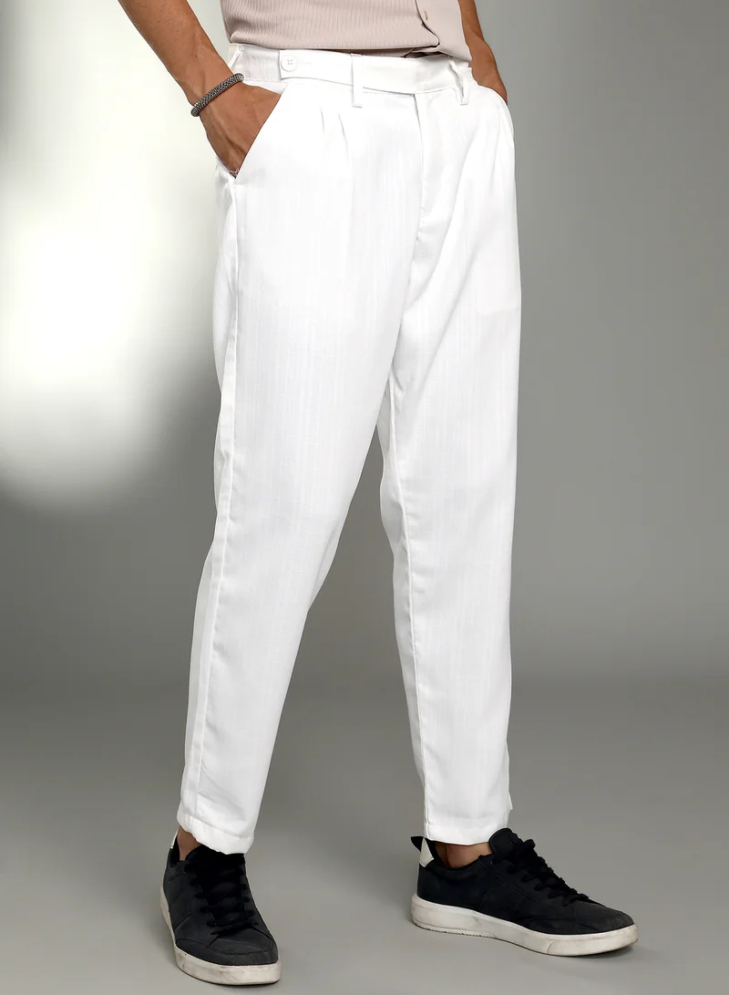 Campus Sutra Men's Cream White Pleated Tailored Trousers For Casual Wear | Mid-Rise | 3 Pockets | Button Closure | Trousers Crafted With Comfort Fit For Everyday Wear